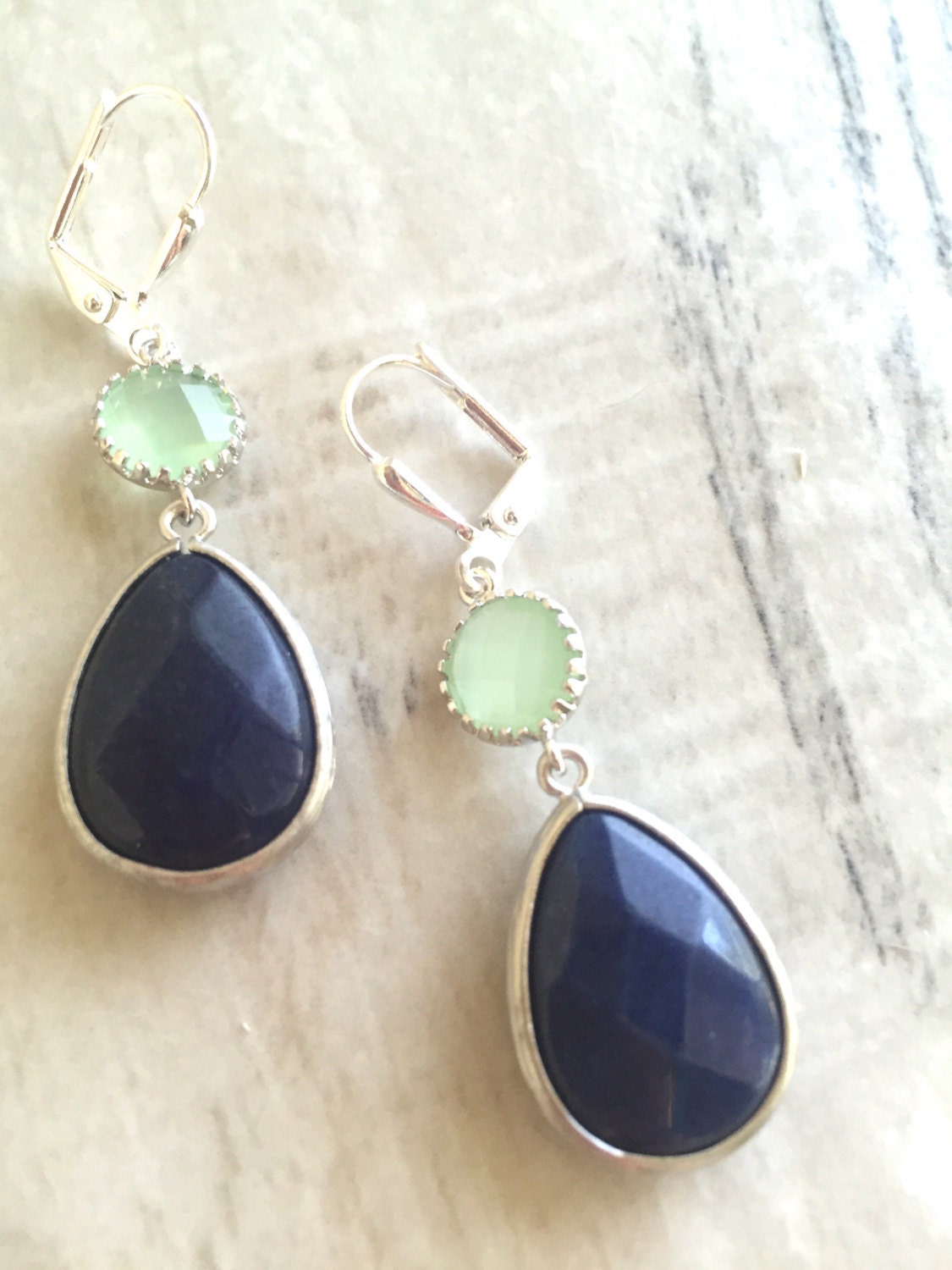 Navy Blue and Mint Jewel Gem Earrings in Silver. Dangle