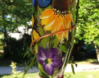 Butterfly design hummingbird feeder, copper wire bird feeder, hand painted hummingbird feeder, glass birdfeeder butterfly design