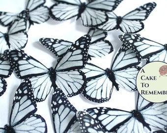 Edible butterflies, 12 black and white edible wafer paper monarch butterflies for cake decorating, cupcake decorating. butterflies for cakes