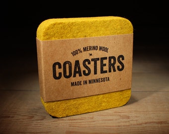 Felted Yellow Coasters - 100% Merino Wool Felt - Square - Thick German-milled - Natural and Renewable - Lightfast Colors - Table Coasters