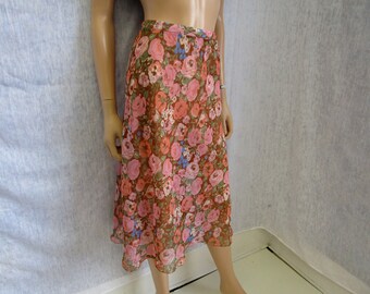 90s Lg Bias See-Thru Sheer Chiffon Skirt Pink Brown Floral