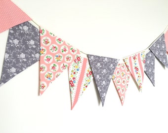 Shabby Chic Fabric Banners, Wedding Bunting, Pennents, Coral, Peach and Grey Shade - 3 yards