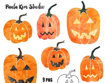 Watercolor Halloween Pumpkin Clipart, Halloween Clip Art, Instant Download, Commercial Use Jack O Lantern Clipart