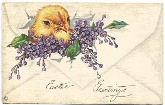 Chick Hatching through Envelope with Sprays of Lilac Vintage Postcard Easter Greeting