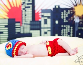 Superman Inspired Baby Boy Crochet Hat and Diaper cover Set Newborn Photography Prop Ready Item