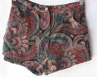 Mid rise tailored paisley velvet high waist shorts