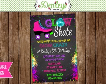 Glow Roller Skating Invitation, Skating Party, Glow Skate Party, Glow Skate Invite, Printable, Glow Skate (SK04)