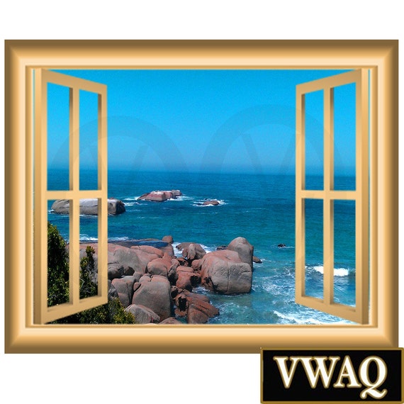 Ocean Scene 3D Window Frame Family Wall Art Vinyl Decal Rocky