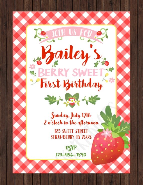 Watercolor Sweet Strawberry Birthday or Shower Invite