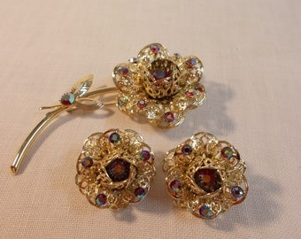 Sarah Coventry Set of Flower Rhinestone and Gold Pin and Earrings