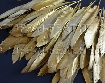 Wholesale / bulk GOLD feathers - painted duck feathers loose for millinery, wedding party event decor / 6-8 in (15-20 cm) long / FB165G