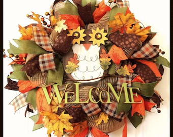 Fall Owl Wreath - Deco Mesh Fall Wreath - Autumn Wreath - Harvest Wreath - Owl Decor - Front Door Wreath - Welcome Sign