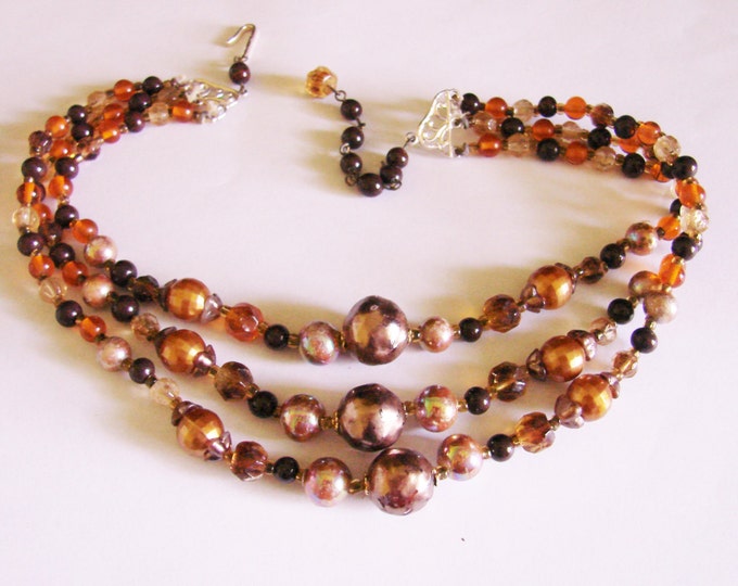 Vintage Glass Bead Bib Necklace / Multi Color Autumn Colors / Mid Century / Japan Jewelry / Jewellery