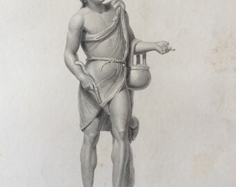 Antique 1845 Ancient FISHERMAN Sculpture British Museum Folio Book Plate Engraving