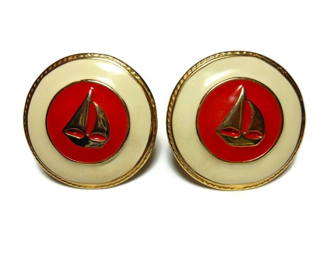 Sailboat earrings, red and winter white, button style with gold boat on red enamel and a beige border and gold rims, nautical clip earrings
