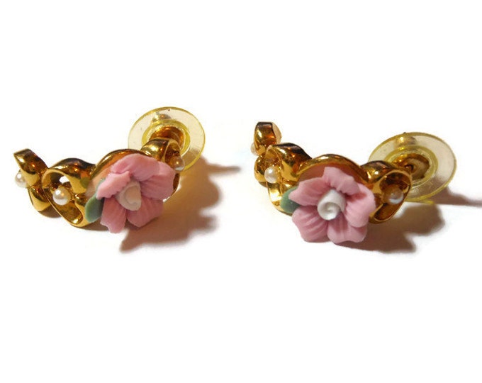 Avon floral earrings, pink ceramic rose with seed pearls inside hearts, half hoop pierced earrings, gold tone