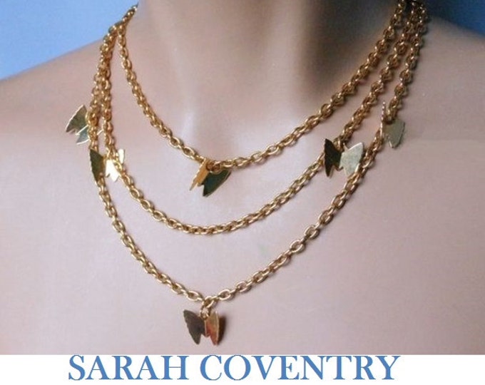 FREE SHIPPING Sarah Coventry necklaces, four looks from 2 necklaces, gold chain, butterfly charms, set can be worn four different ways