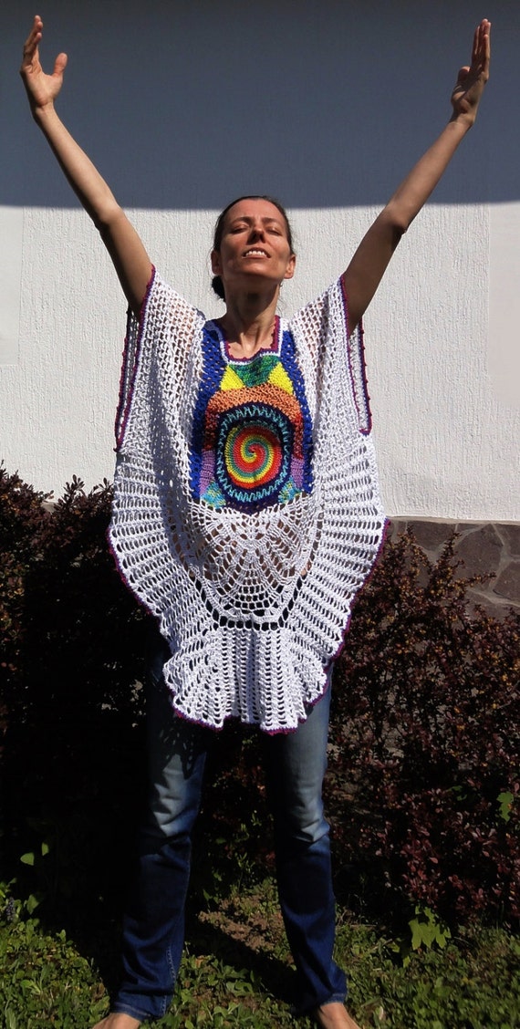 Crochet white mandala tunic dress - flower power top - hippie boho gypsy - ONE SIZE - let the sunshine in!