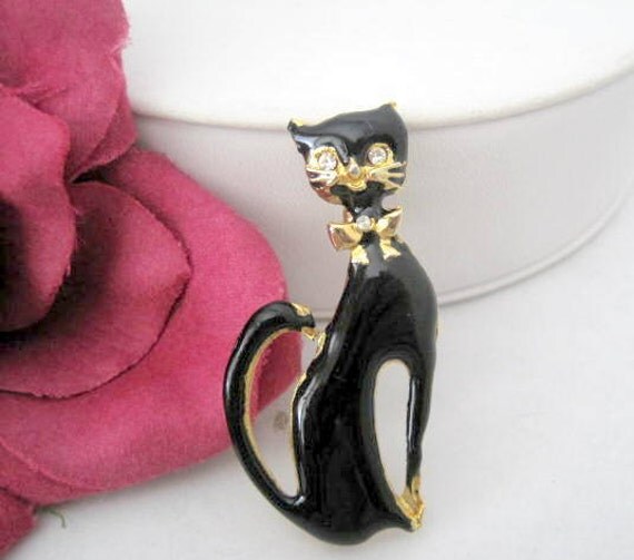 Cat Kitty Pin - Black Enamel - Stylized Cat Brooch