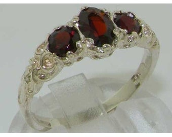 Solid 925 Sterling Silver 3 Genuine Garnet Ring, English Antique Design Carved Ring, Trilogy Band, Stackable Ring - Customizable