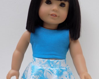 18" doll clothes, Graphic print skater skirt and bright turquoise crop top