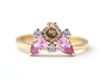 Champagne Diamond Ring with Pink Sapphires & Tanzanites - Multi Stone Ring - 18k Solid Gold