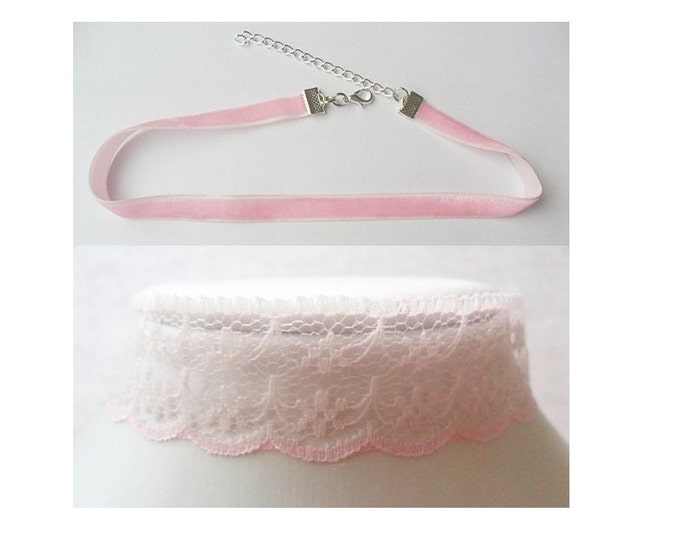 Pink velvet and Lace choker necklace set (pick your neck size) ribbon choker necklaces