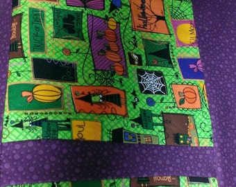 Halloween table topper. Handmade quilted halloween table runner. Witches and gooblins halloween table decor.