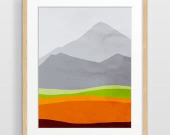 Mountain Print, Mid Century Modern Art, Abstract Wall Art, Scandinavian Art, Gift for Him, Abstract Landscape, Orange Wall Decor