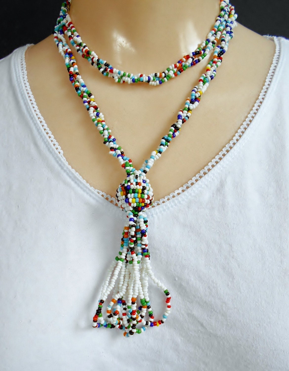 Seed Bead Tassel Necklace Southwestern by PrettyShinyThings4U
