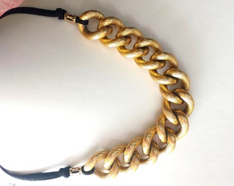 Golden Eco Elegance Statement Necklace, OOAK, Fair Trade, Eco Friendly, Up cycled, Gold Chain with Black Cord, Vegan Necklace