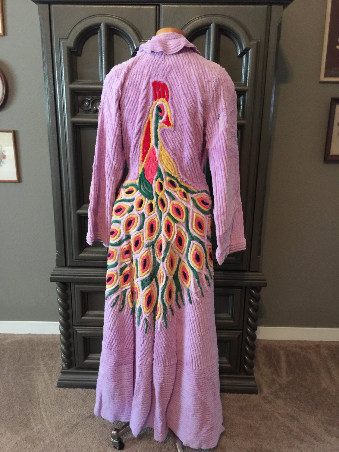 50s Peacock Chenille Bath Robe