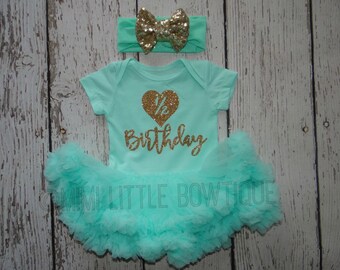 Half birthday Mint Green tutu dress-6 month outfit- Gold Glitter tutu Mint green tutu bodysuit- half birthday outfit- gold and Mint birthday