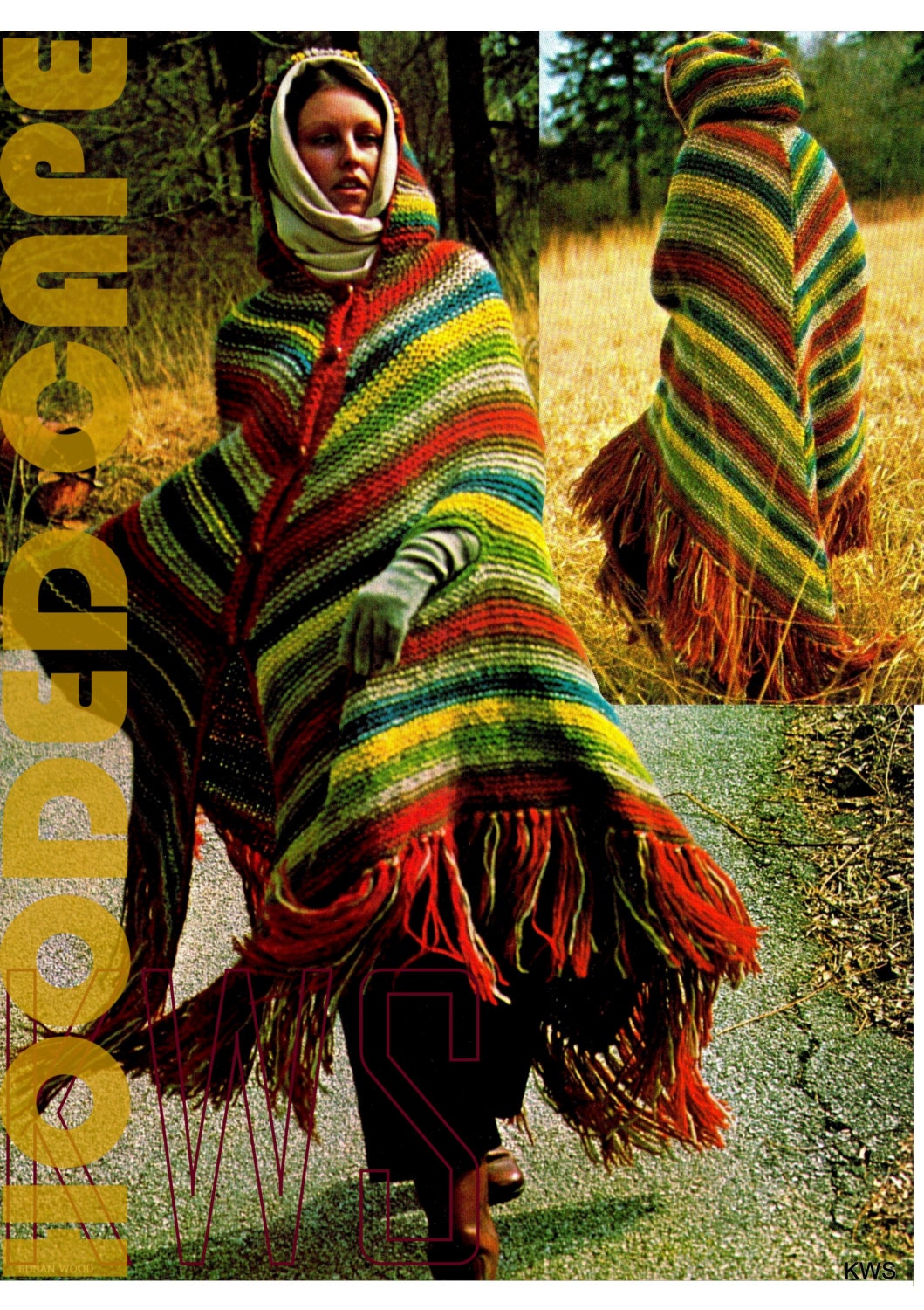 Vintage 70s Knitted HOODED Cape PDF Pattern