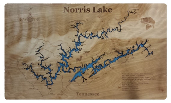 Wood Laser Cut Map of Norris Lake TN Topographical Engraved