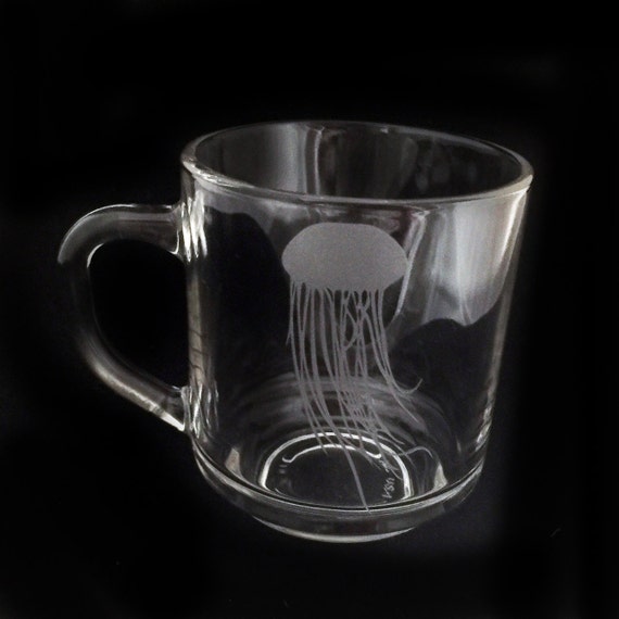 Jellyfish Custom Etched Coffee Mug Glass Tea Cup Deep Sea