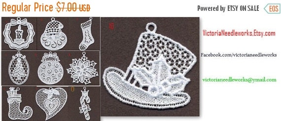 SALES Free Standing Lace (FSL) Embroidered Christmas Ornaments, Decoration, Swnowflakes, Santa, Stockings, Candy cane, Christmas trees