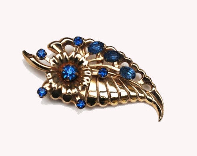 Blue Rhinestone Flower Brooch gold pin