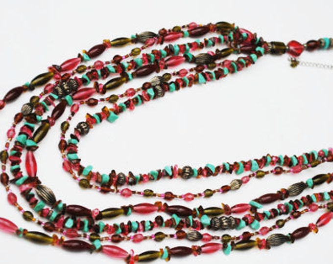 Boho Multi bead necklace - colorful art -Glass bead - turquoise color howlite Gemstone -Hippie bib necklace