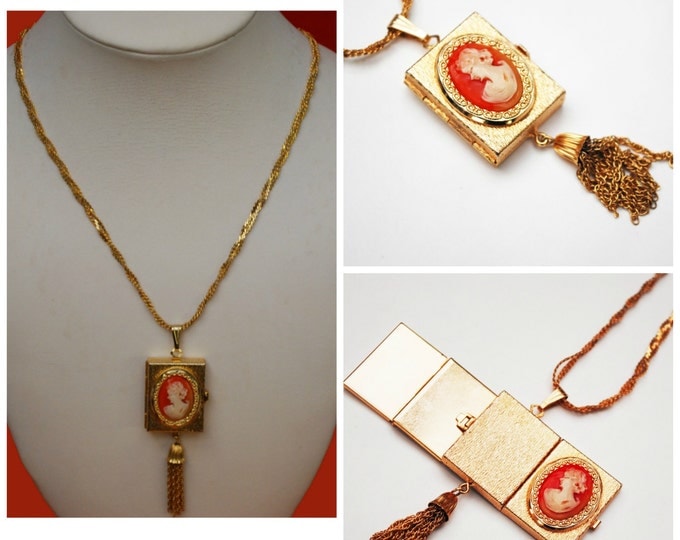 Vintage Locket- Cameo Necklace - Victorian Revival - Resin Cameo - gold four photo locket