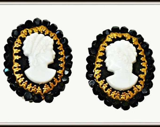 Cameo Earrings - Original by Robert - Black White and Gold - Clip on earring