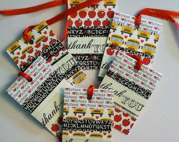 3 Thank You Teacher Gift Tags, Folded, handmade, teacher gifts, bus driver, apples. school, 3 tags with ribbons, by CollegeDreaminKid #T126