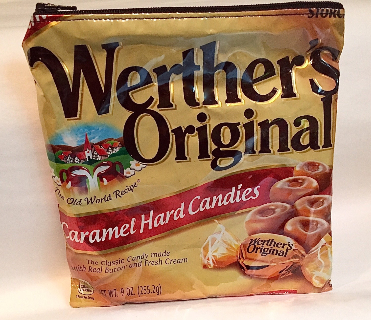 Werthers Original Candy Wrapper Up-cycled Zippered Bag/Pouch