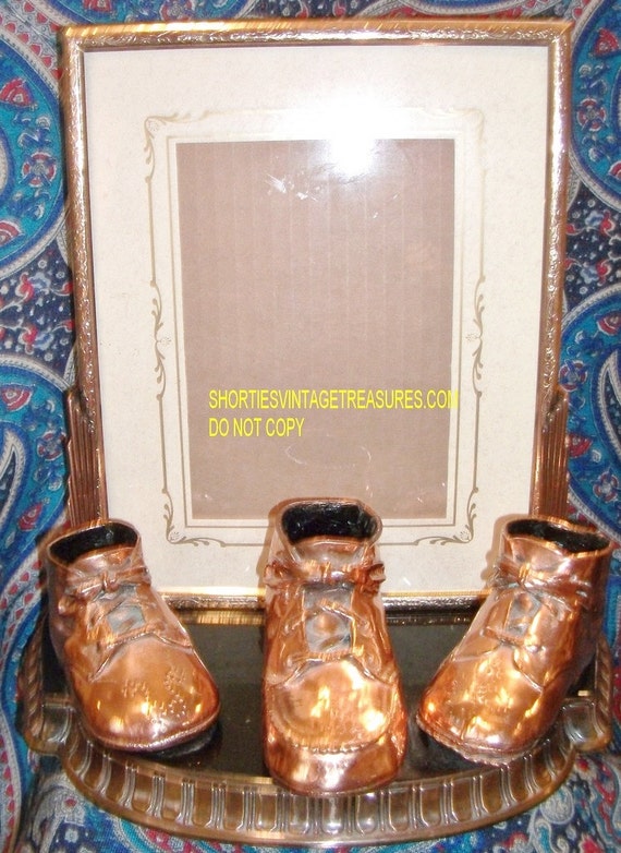 Bronzed Baby Shoes Picture Frame Holder Vintage Three Shoes