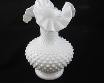Fenton Milk Glass, Hobnail Vase 10.5", Crimped Ruffled Top, Pure White