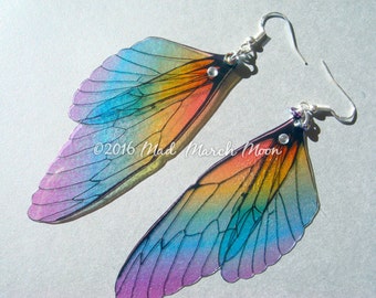 Rainbow Fairy wing earrings, transparent iridescent cicada style with sterling silver ear wires, latch back and clip on version available