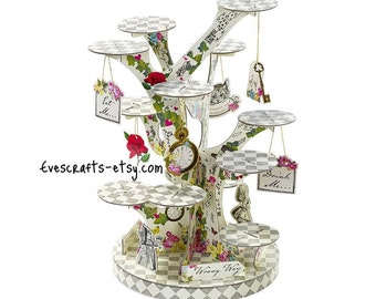 Alice in wonderland, cupcake stand, Alice cake stand, mad hatter tea party, garden party decor, white rabbit, Ready to ship, first birthday