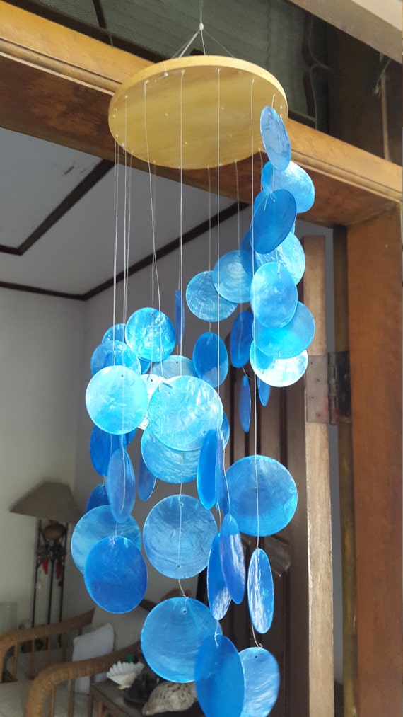 Blue Capiz Shells Wind Chime Spiral Garden Decor / Beach