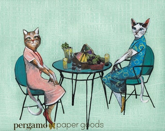 Cat Friends Art Print | Kitsch Cat Decor | Handmade Feline Collage | Lunch Art | Unique Picnic Scene | Retro Cat Wall Art | Best Friends