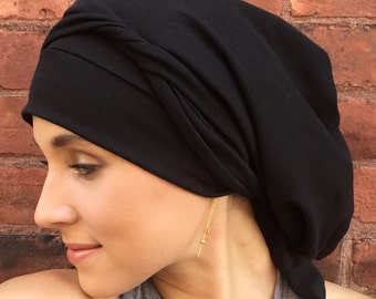 Black COTTON/Spandex 10 Way Tie Turban Hair Wrap